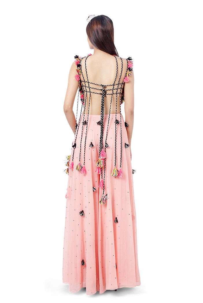 Zaha Coral Colour Georgette Embroidered Tie-Up Choli with Mukaish Georgette Sharara