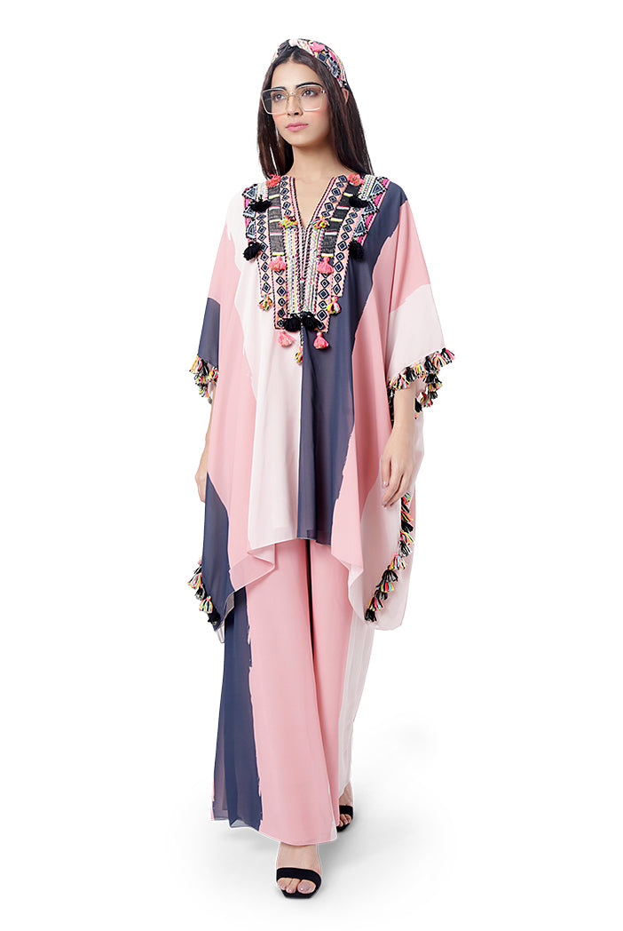 Sadaf Coral Colour Printed Art Georgette Short Kaftan with Palazzo
