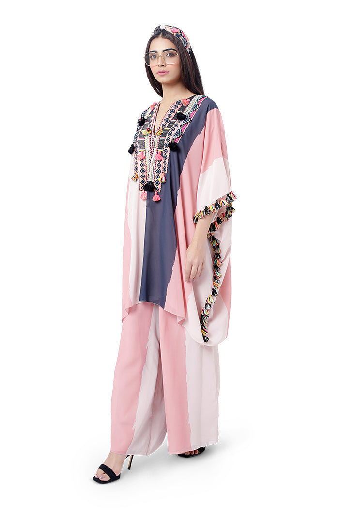 Sadaf Coral Colour Printed Art Georgette Short Kaftan with Palazzo