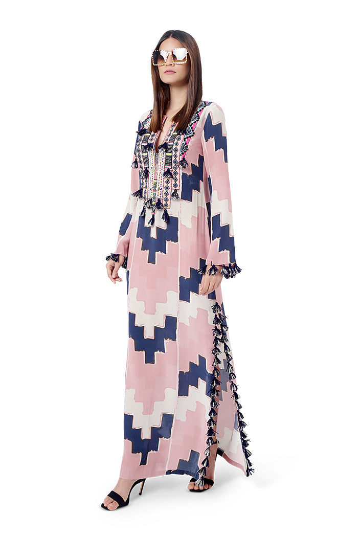 Iqra Blush Pink Colour Printed Crepe Embroidered High-Slit Kaftan