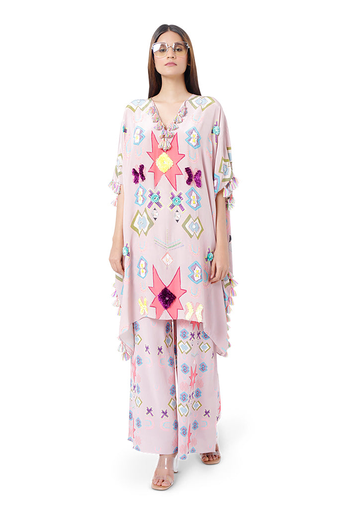 Basri Pink Colour Printed Crepe Embroidered Short Kaftan with Palazzo