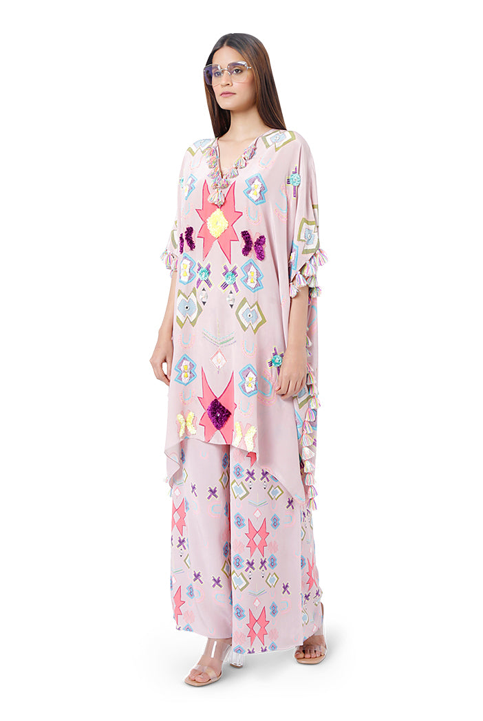 Basri Pink Colour Printed Crepe Embroidered Short Kaftan with Palazzo
