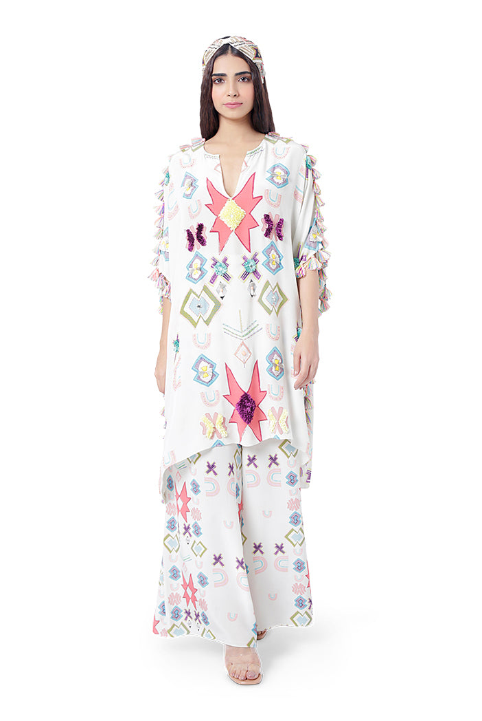 Seher White Colour Printed Crepe Embroidered Short Kaftan with Palazzo