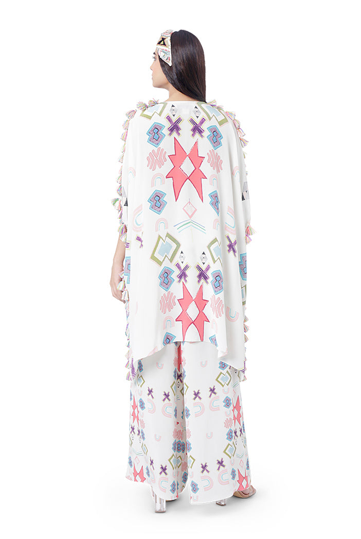 Seher White Colour Printed Crepe Embroidered Short Kaftan with Palazzo
