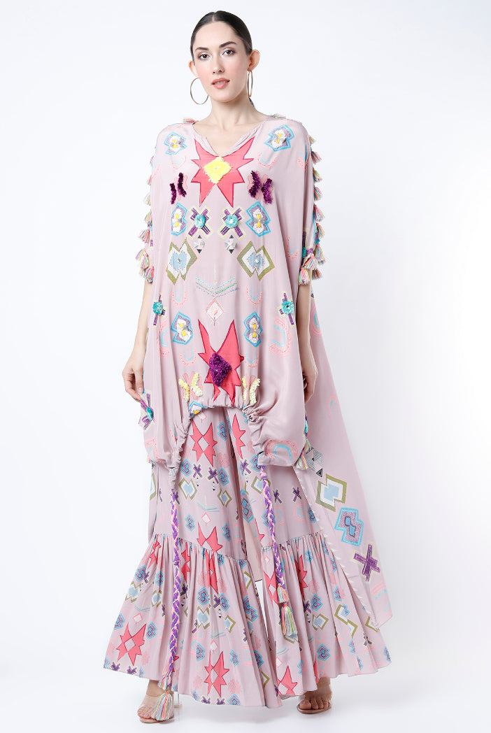 Pink Printed Crepe Embroidered High Low Kaftan With Pink Printed Frill Palazzo