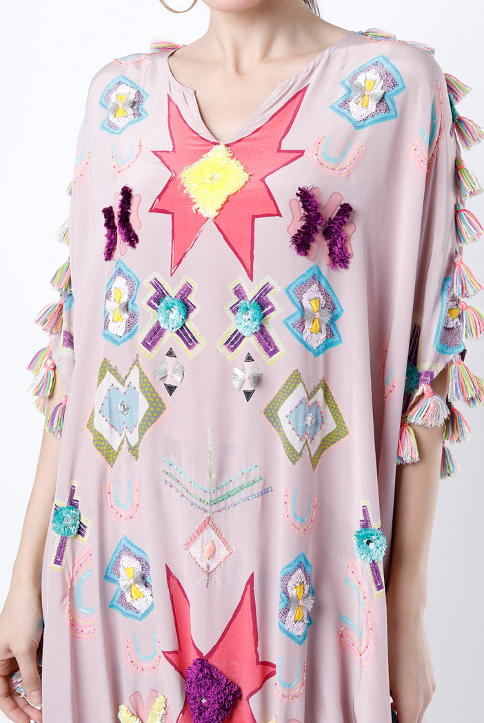 Pink Printed Crepe Embroidered High Low Kaftan With Pink Printed Frill Palazzo