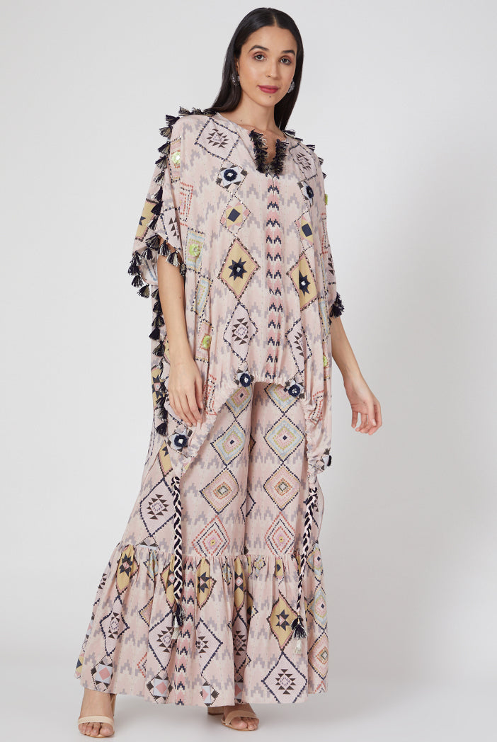 Mosaic Diamond Printed Crepe Embroidered High Low Kaftan With Frill Palazzo