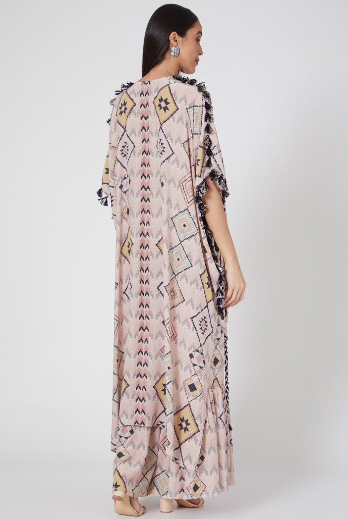 Mosaic Diamond Printed Crepe Embroidered High Low Kaftan With Frill Palazzo