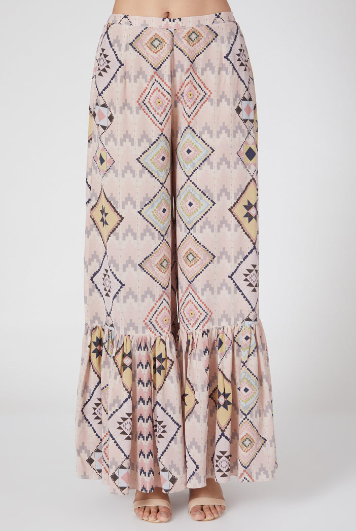 Mosaic Diamond Printed Crepe Embroidered High Low Kaftan With Frill Palazzo