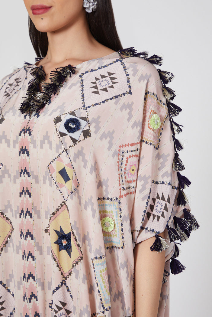 Mosaic Diamond Printed Crepe Embroidered High Low Kaftan With Frill Palazzo