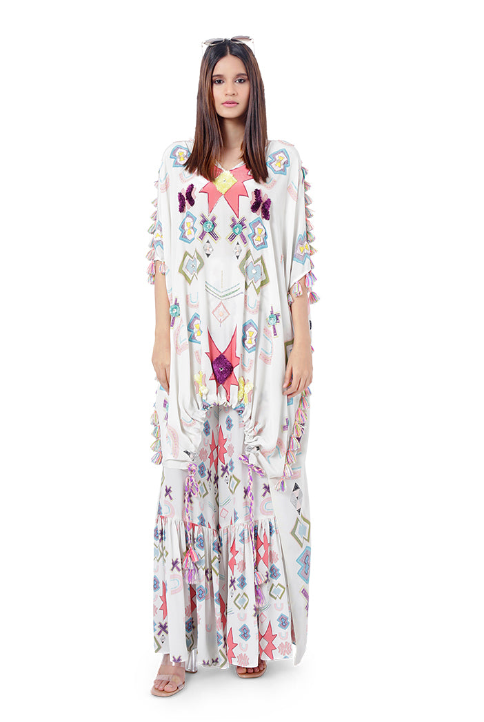 Aria White Printed Crepe Embroidered High-Low Kaftan with Frill Palazzo