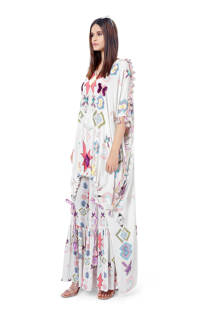 Aria White Printed Crepe Embroidered High-Low Kaftan with Frill Palazzo