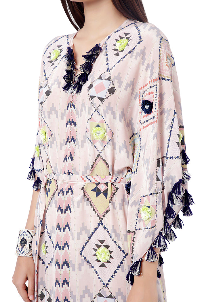 Kyra Blush Pink Colour Crepe Embroidered Kaftan with Belt