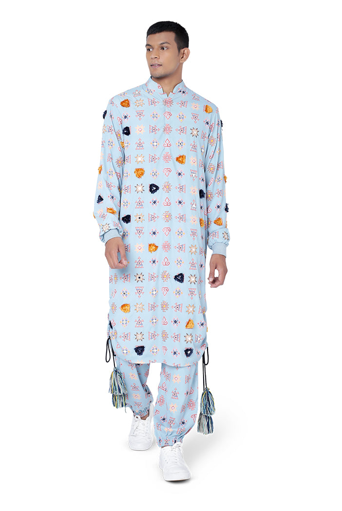 Blue Colour Printed Art Crepe Kurta with Jogger Pant