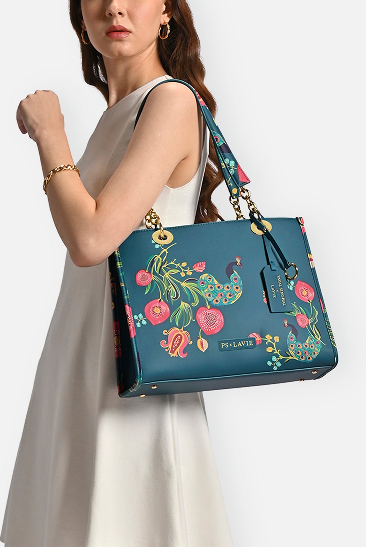 Lavie X Payal Singhal Limited Edition Teal Anar Mor Print Women's Box Tote Bag