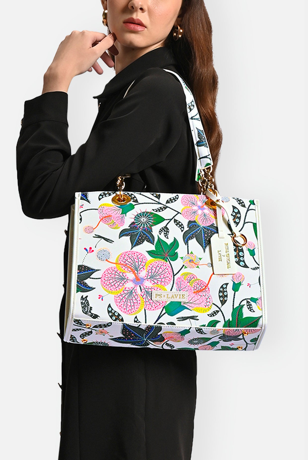 Lavie X Payal Singhal Limited Edition White Abutilon Print Women's Box Tote Bag