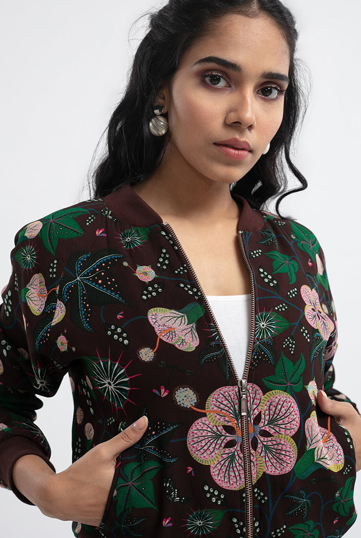Brown Colour Printed Art Georgette Bomber Jacket
