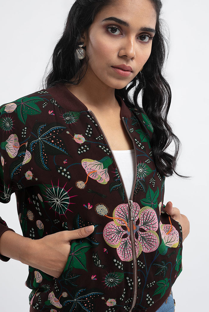 Brown Colour Printed Art Georgette Bomber Jacket