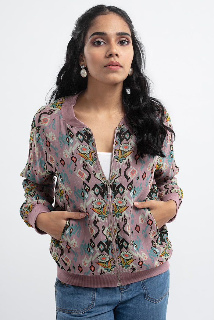 Pink Colour Printed Art Georgette Bomber Jacket