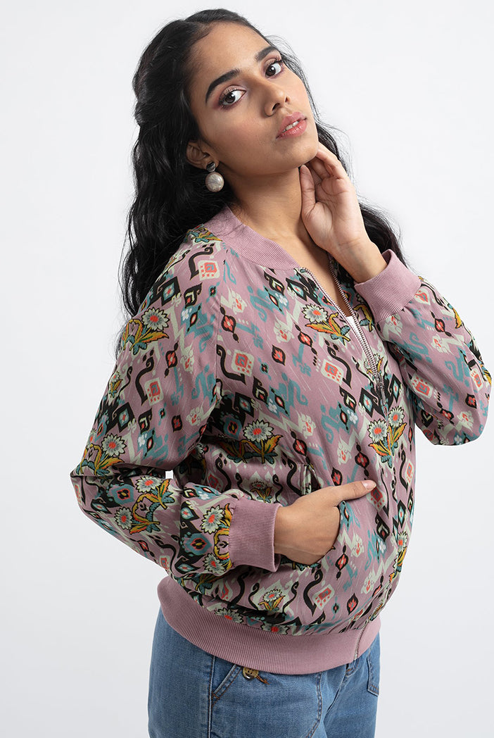 Pink Colour Printed Art Georgette Bomber Jacket