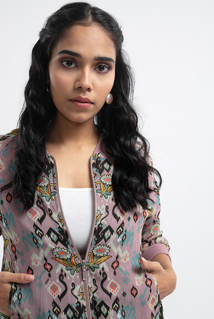 Pink Colour Printed Art Georgette Bomber Jacket