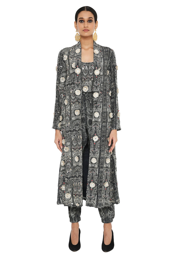 Asma Printed Long Blazer Jacket With Camisole And Jogger Pants