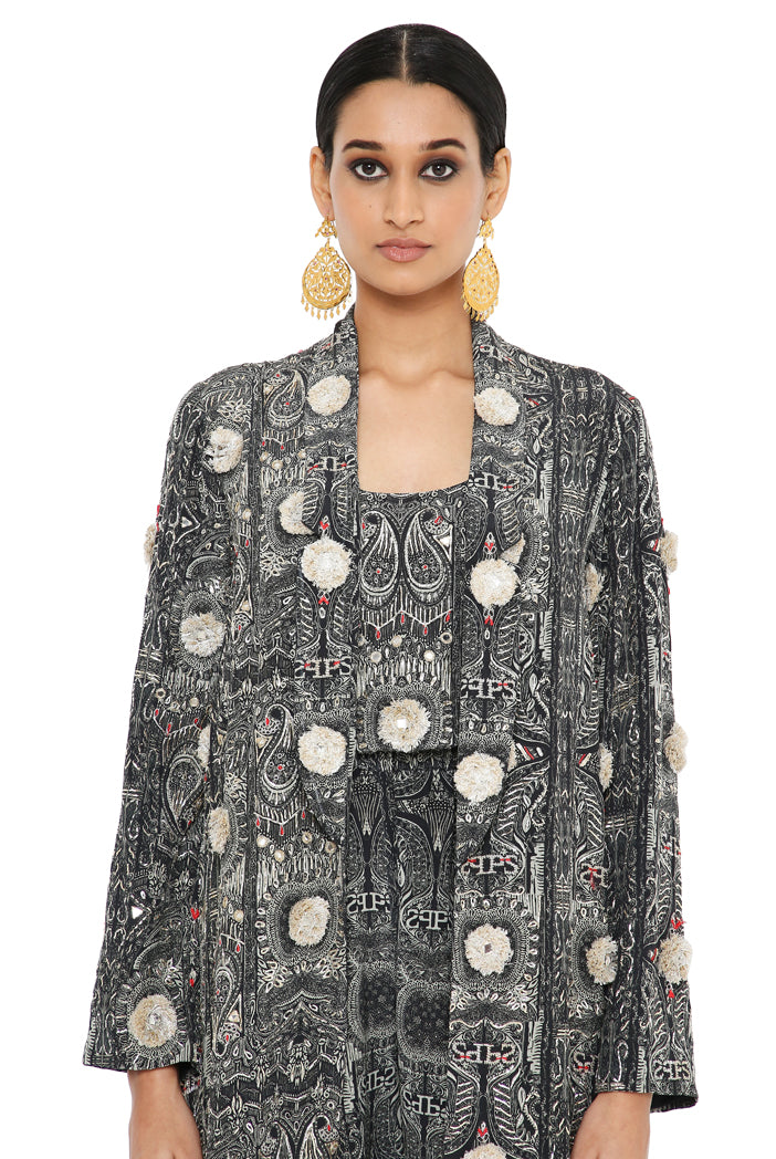 Asma Printed Long Blazer Jacket With Camisole And Jogger Pants
