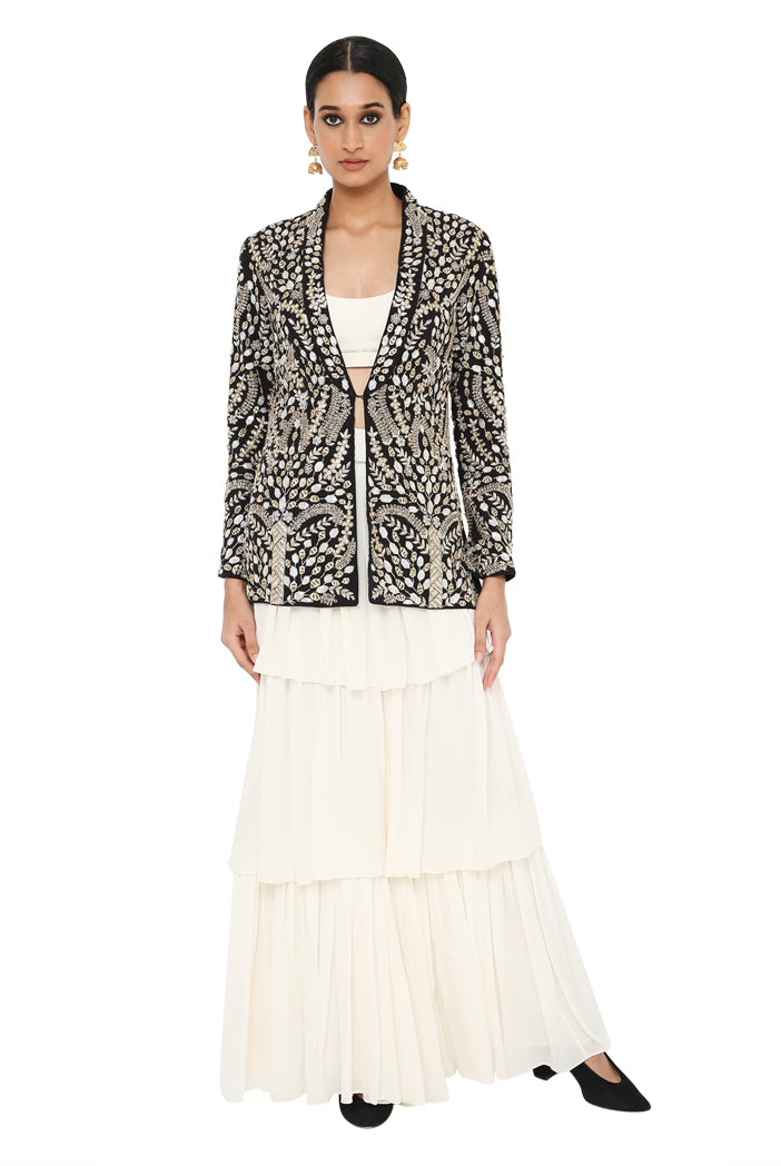 Zuma Black Colour Embroidered Jacket With Off White Colour Bustier And Frill Sharara