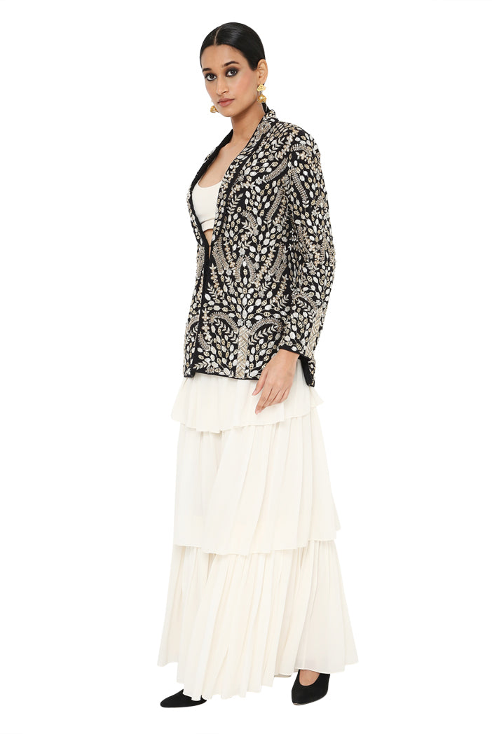 Zuma Black Colour Embroidered Jacket With Off White Colour Bustier And Frill Sharara