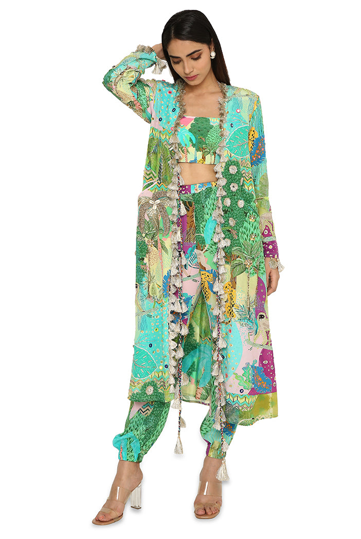 Insha Kuno Print Crepe Embroidered Jacket With Bustier And Jogger Pants
