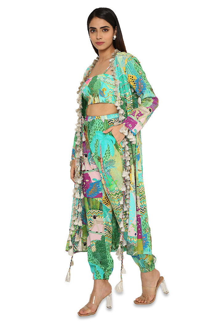 Insha Kuno Print Crepe Embroidered Jacket With Bustier And Jogger Pants