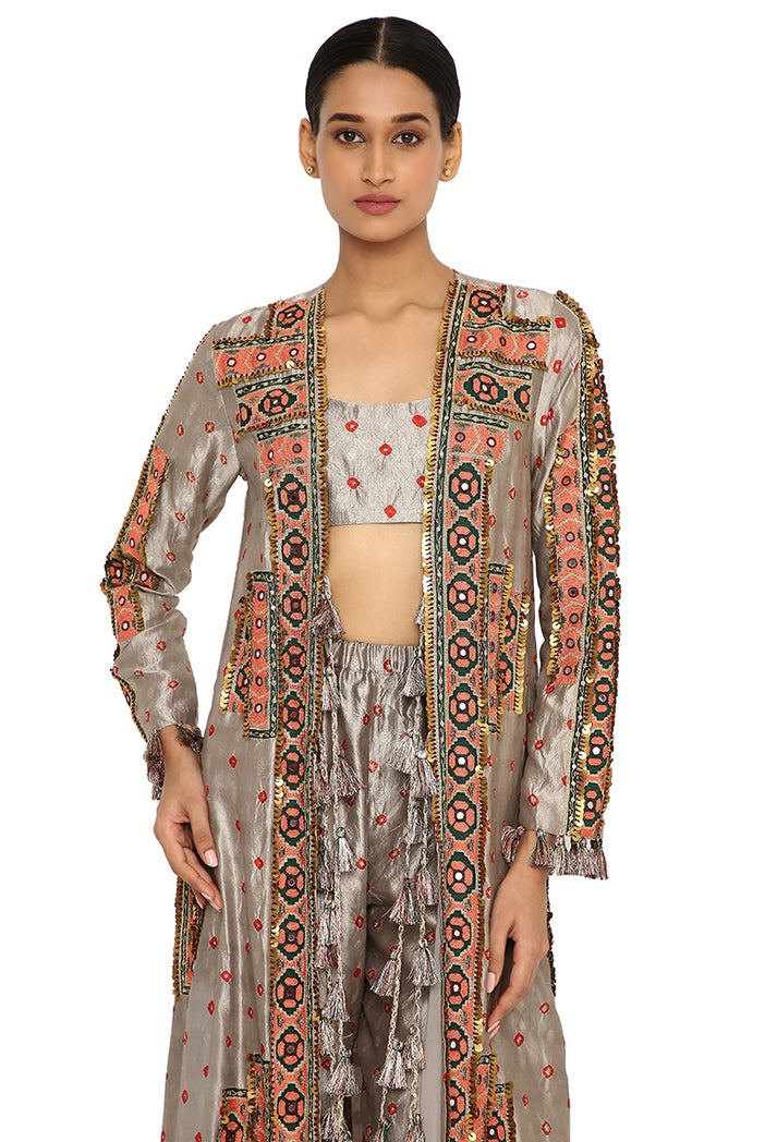 Hana Grey Colour Bandhani Silk Embroidered Jacket With Bustier And Jogger Pants