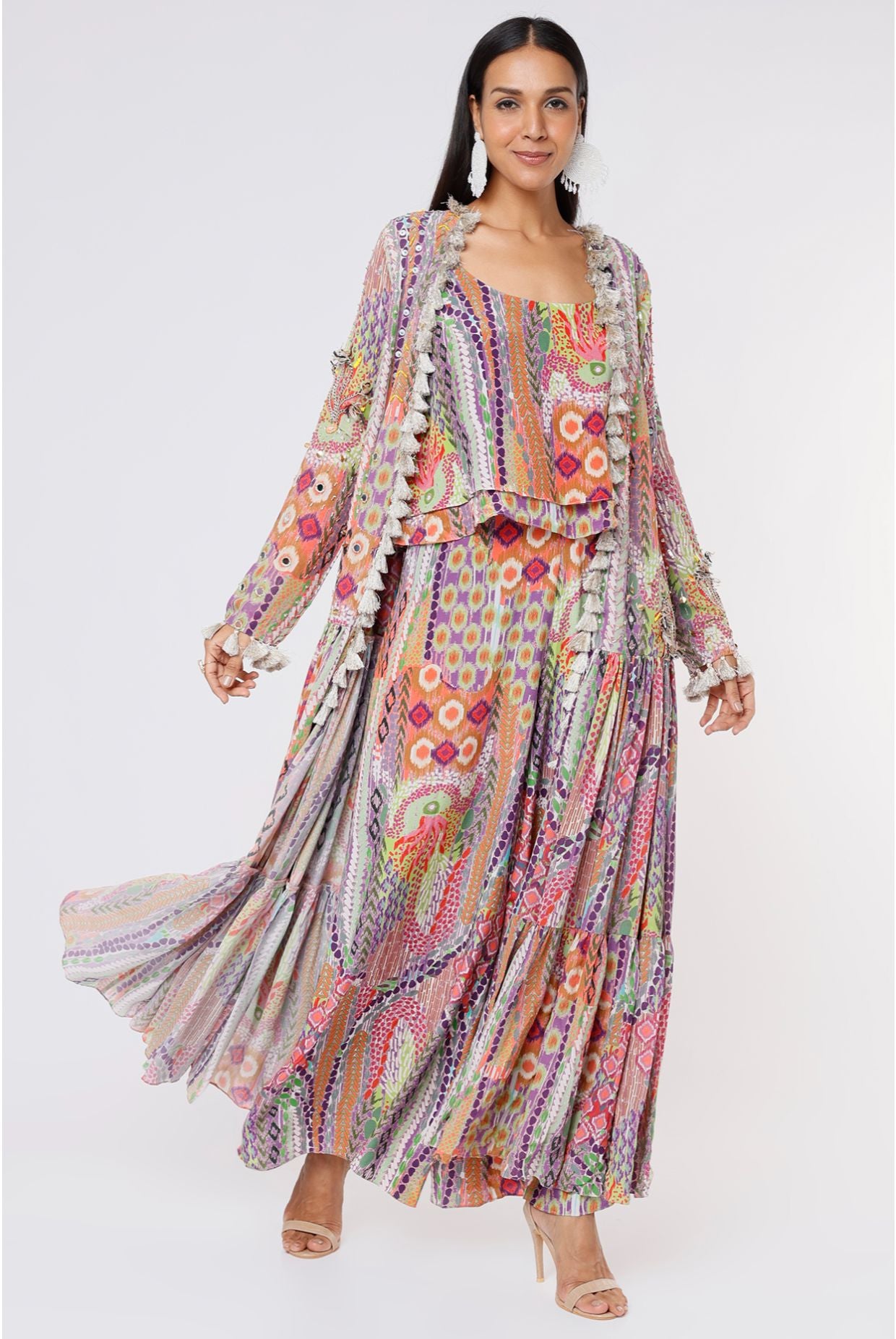 African Print Georgette Embroidered Frill Jacket With Crepe Two Layer Top And Palazzo