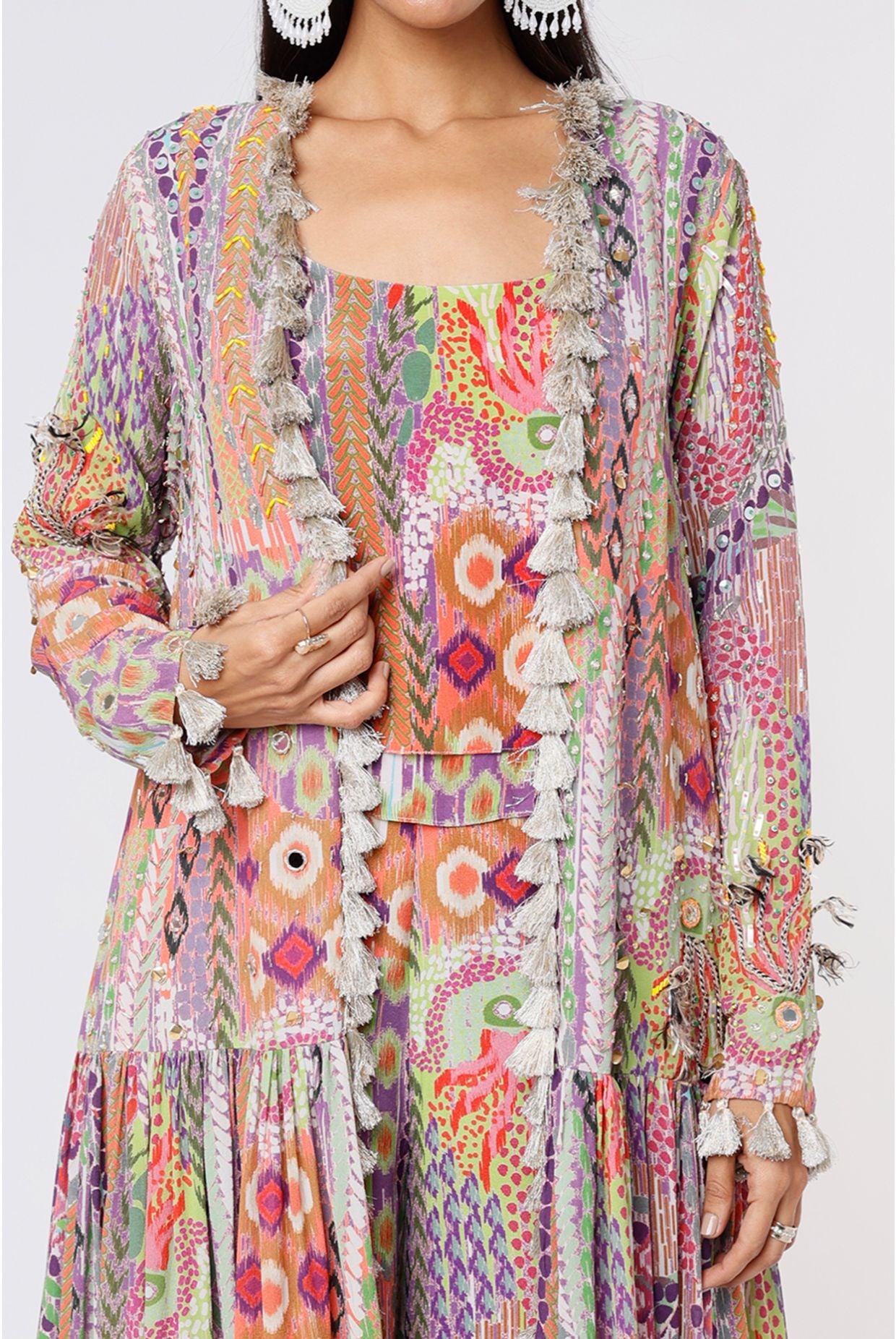 African Print Georgette Embroidered Frill Jacket With Crepe Two Layer Top And Palazzo