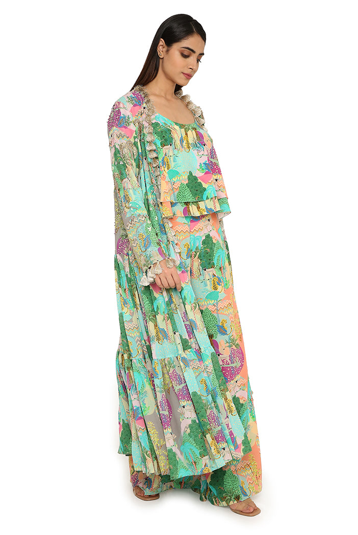 Qamar Grey Printed Georgette Embroidered Frill Jacket With Peach Printed Crepe Two Layer Top And Palazzo