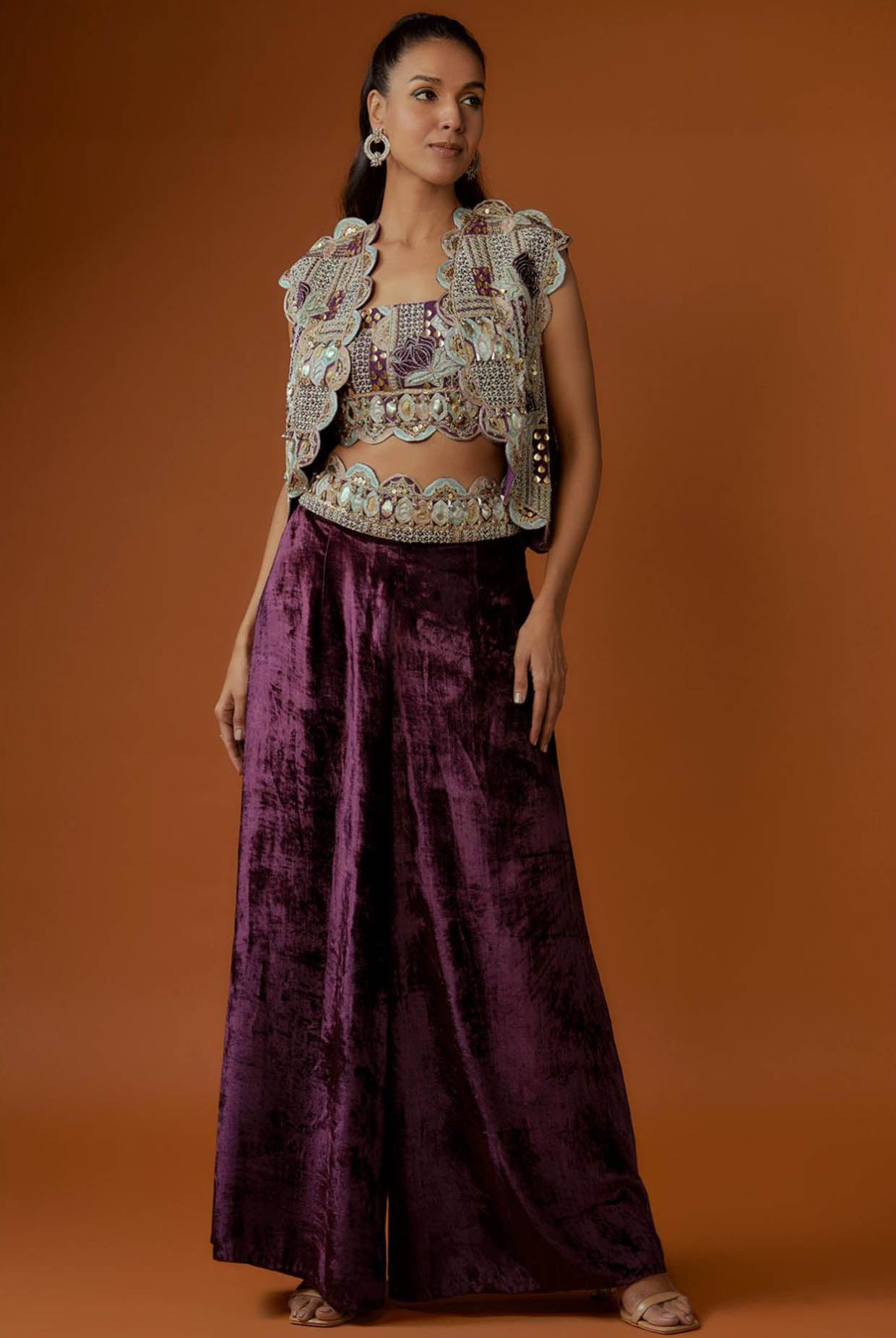 Purple Embroidered Scallop Jacket With Front Embroidered Bustier And Velvet Palazzo