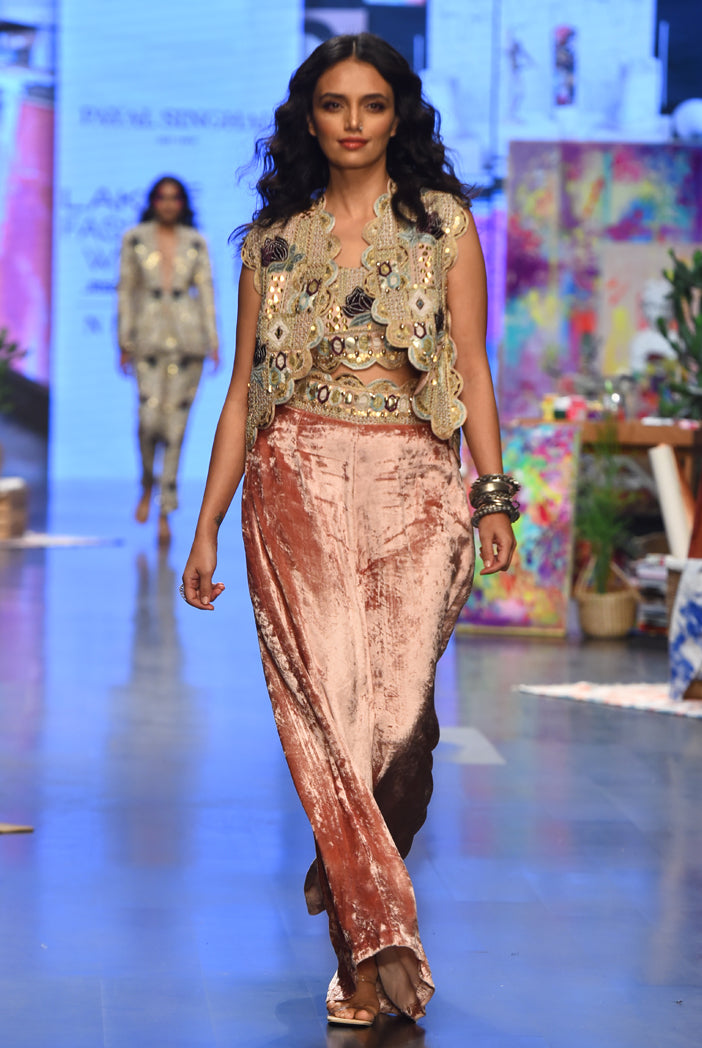 Jiya Rose Pink Georgette Embroidered Scalloped Edge Jacket With Front Embroidered Bustier And Velvet Palazzo