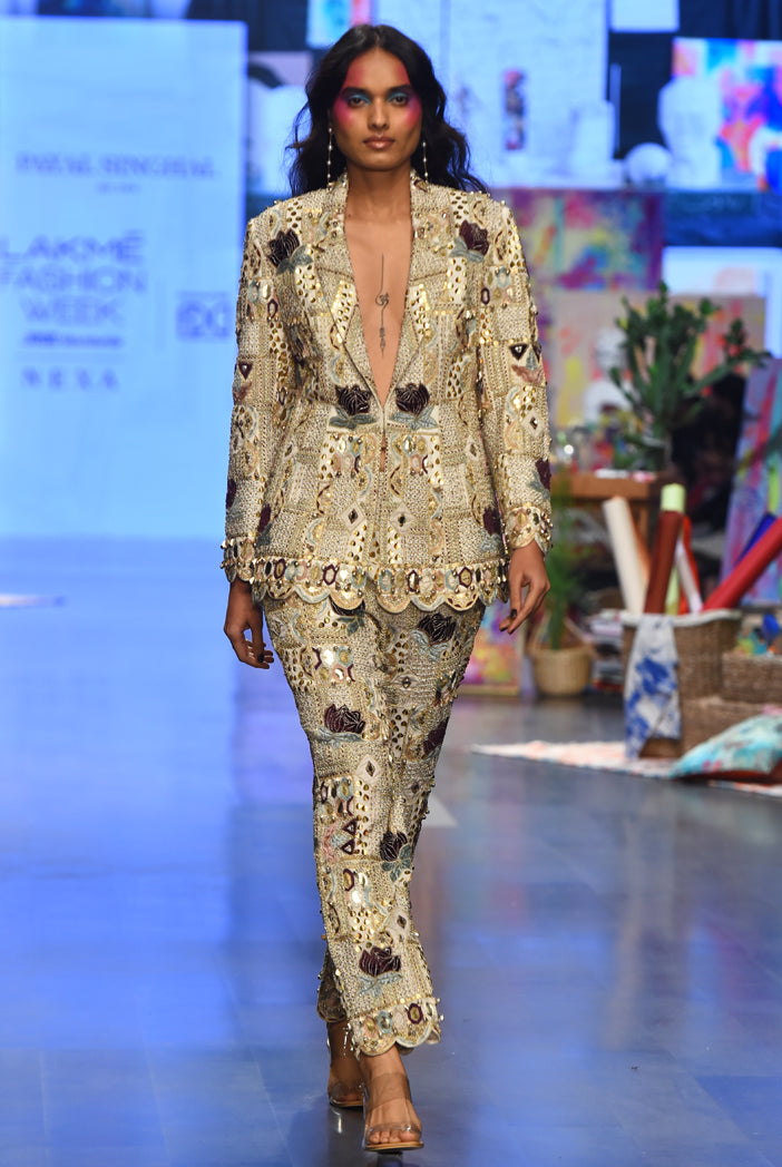 Anaka Off White Georgette Embroidered Blazer And Pant
