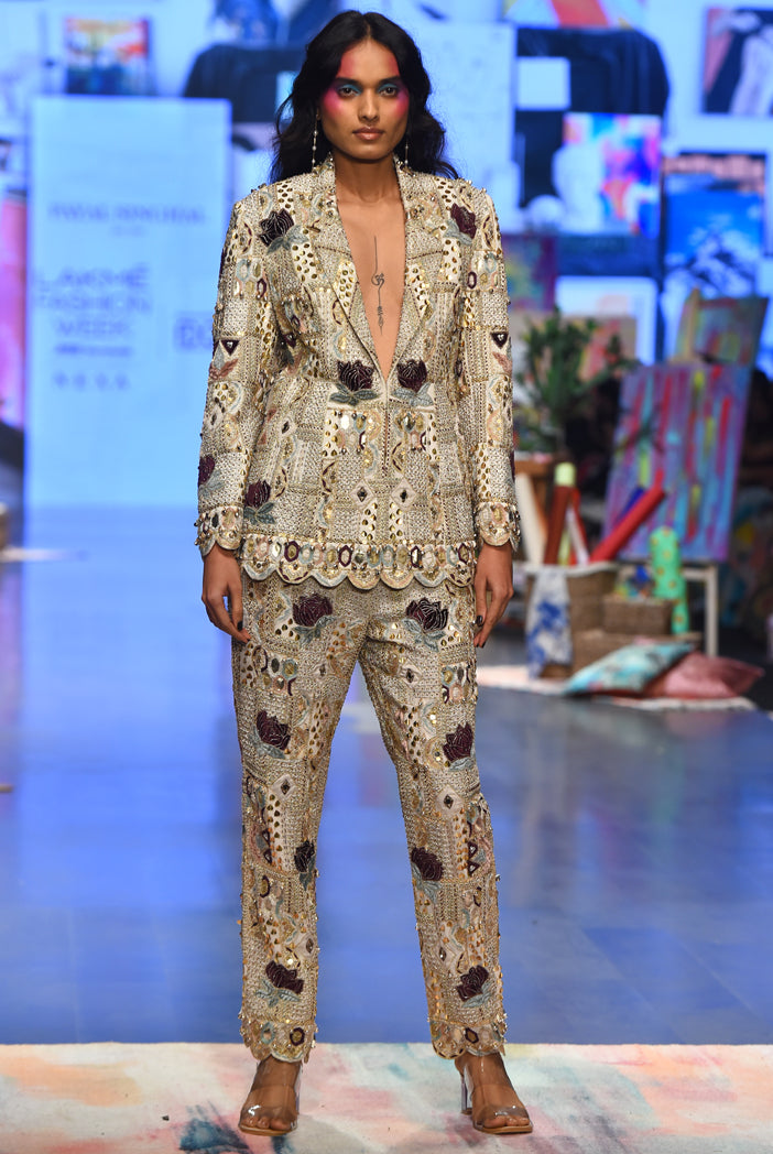 Anaka Off White Georgette Embroidered Blazer And Pant