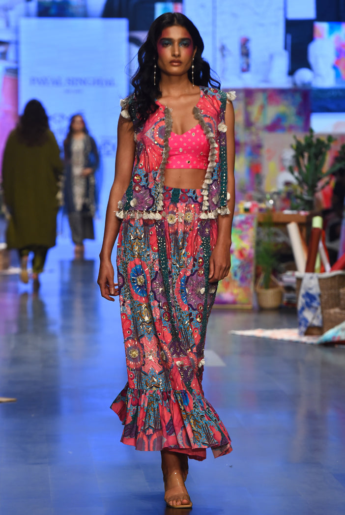 Amalie Pink Bandhani Silk Embroidered Bustier With Pink Enchanted Print Crepe Embroidered Jacket And Skirt