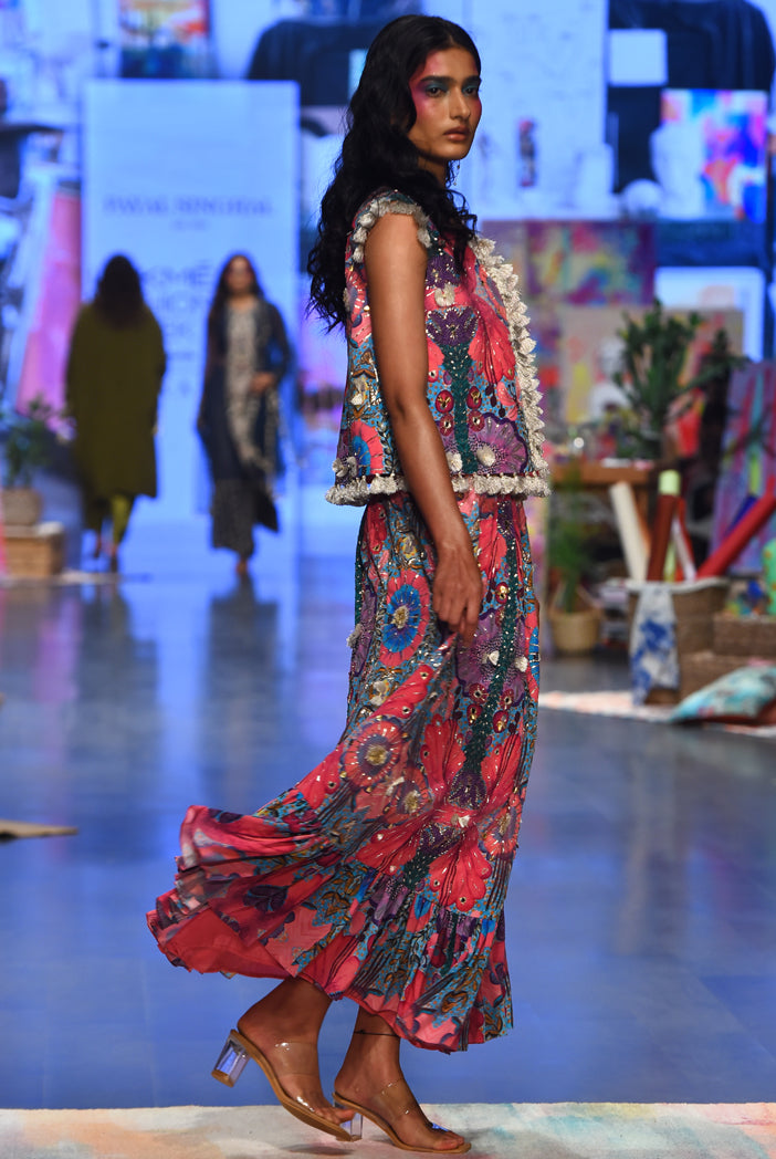 Amalie Pink Bandhani Silk Embroidered Bustier With Pink Enchanted Print Crepe Embroidered Jacket And Skirt