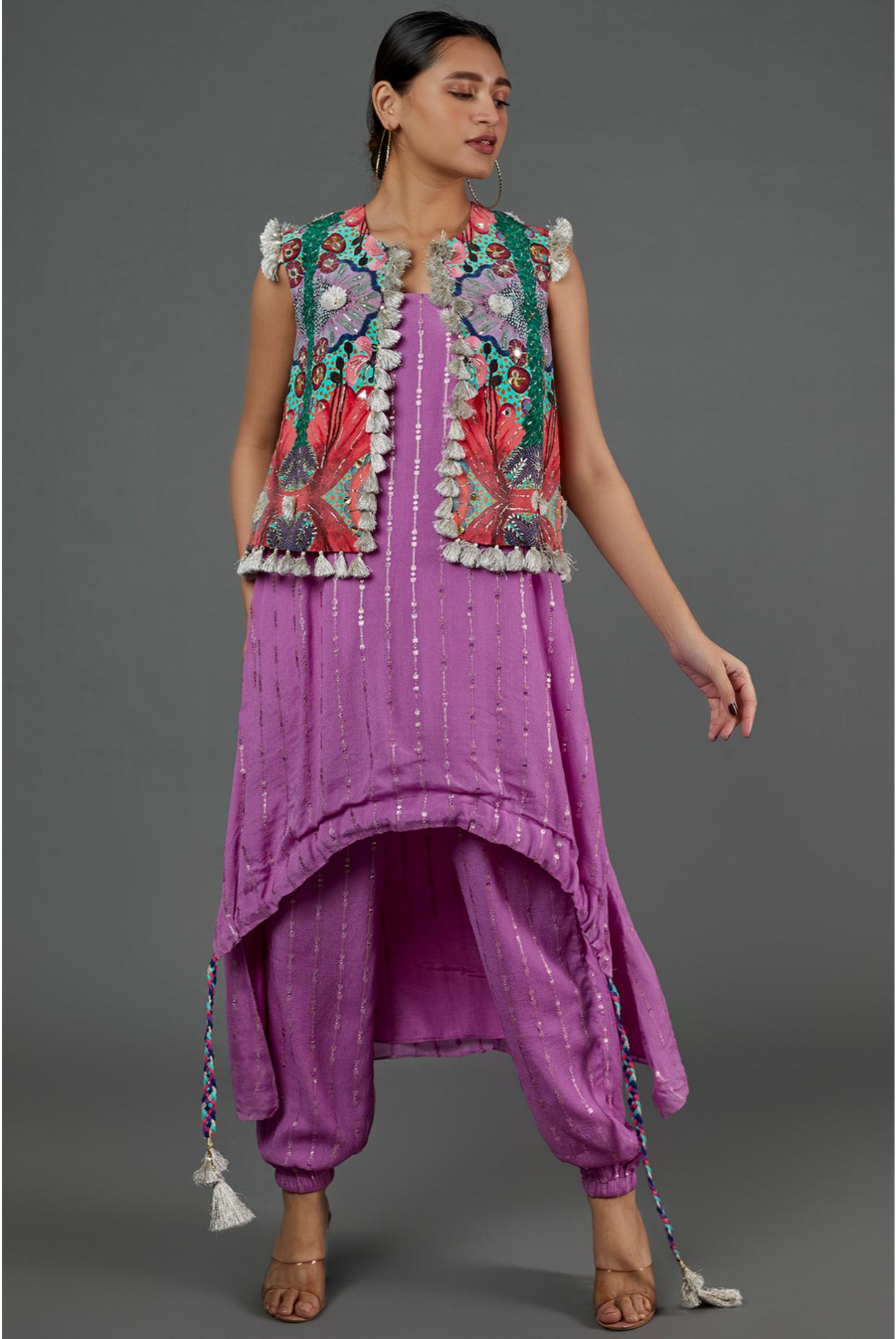 Lilac Sequin High Low Kurta With Jogger Pants & Embroidered Jacket