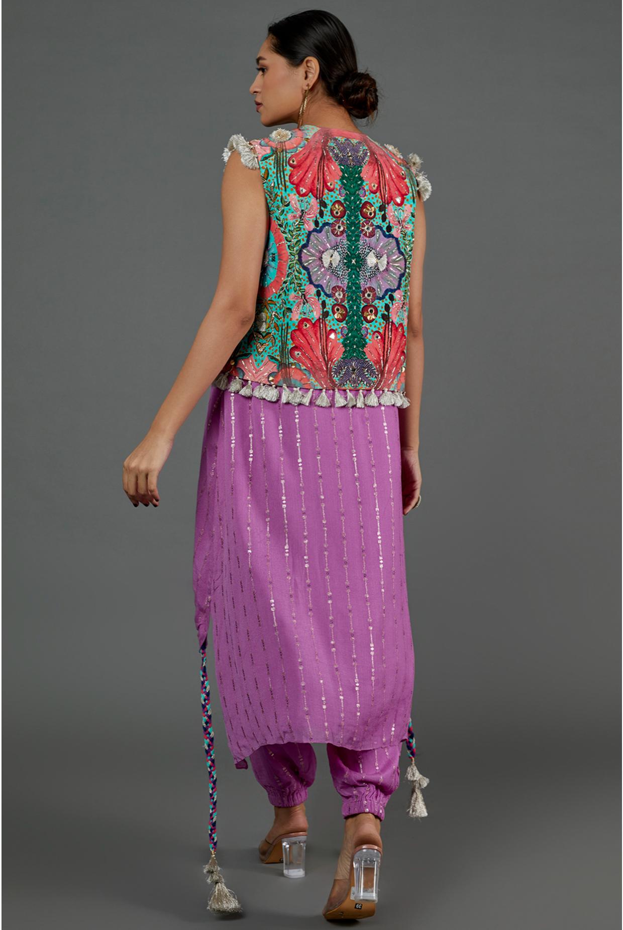 Lilac Sequin High Low Kurta With Jogger Pants & Embroidered Jacket