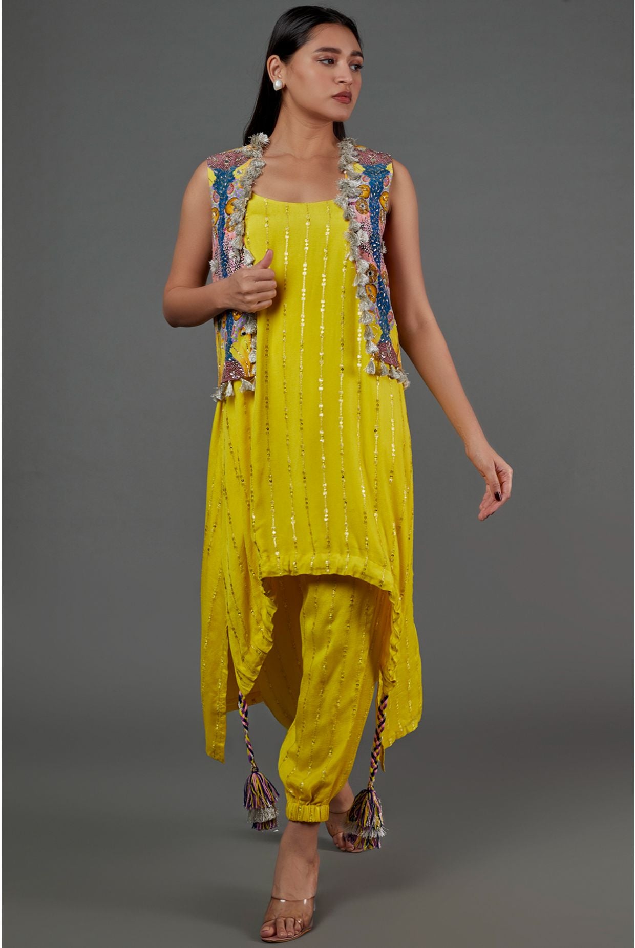 Yellow Sequins Georgette High Low Kurta And Jogger Pant With Yellow Enchanted Print Crepe Embroidered Jacket