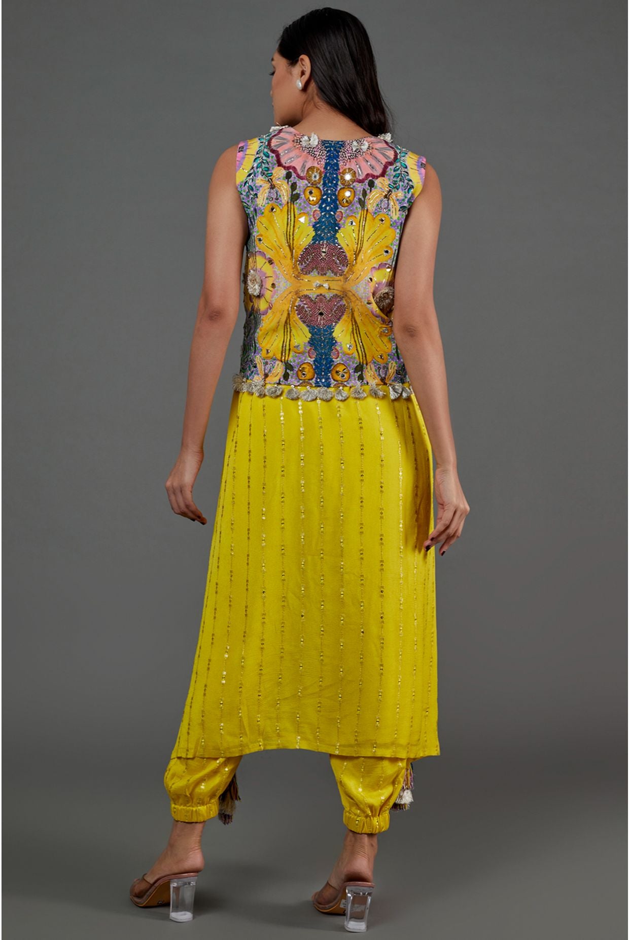 Yellow Sequins Georgette High Low Kurta And Jogger Pant With Yellow Enchanted Print Crepe Embroidered Jacket