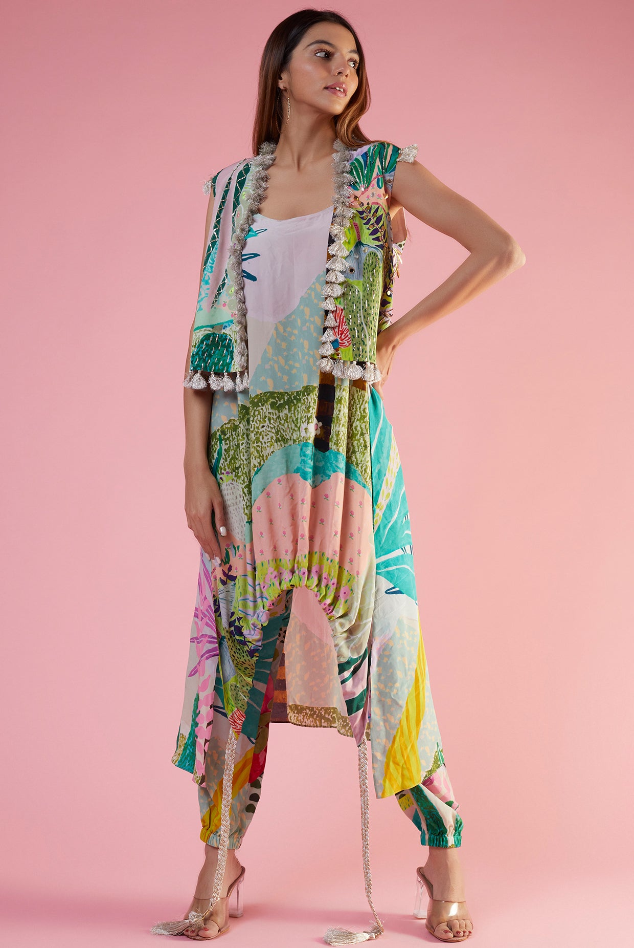 Green Tropical Printed Crepe High Low Kurta And Jogger Pant With Embroidered Jacket