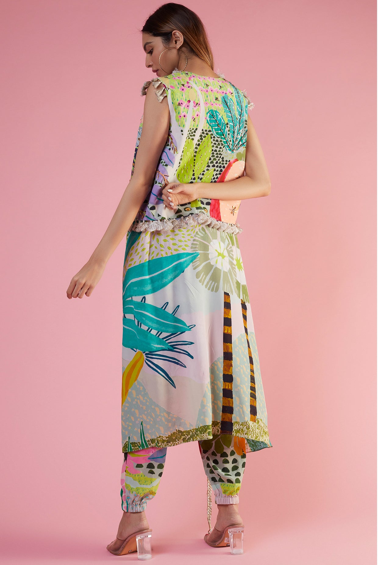 Green Tropical Printed Crepe High Low Kurta And Jogger Pant With Embroidered Jacket