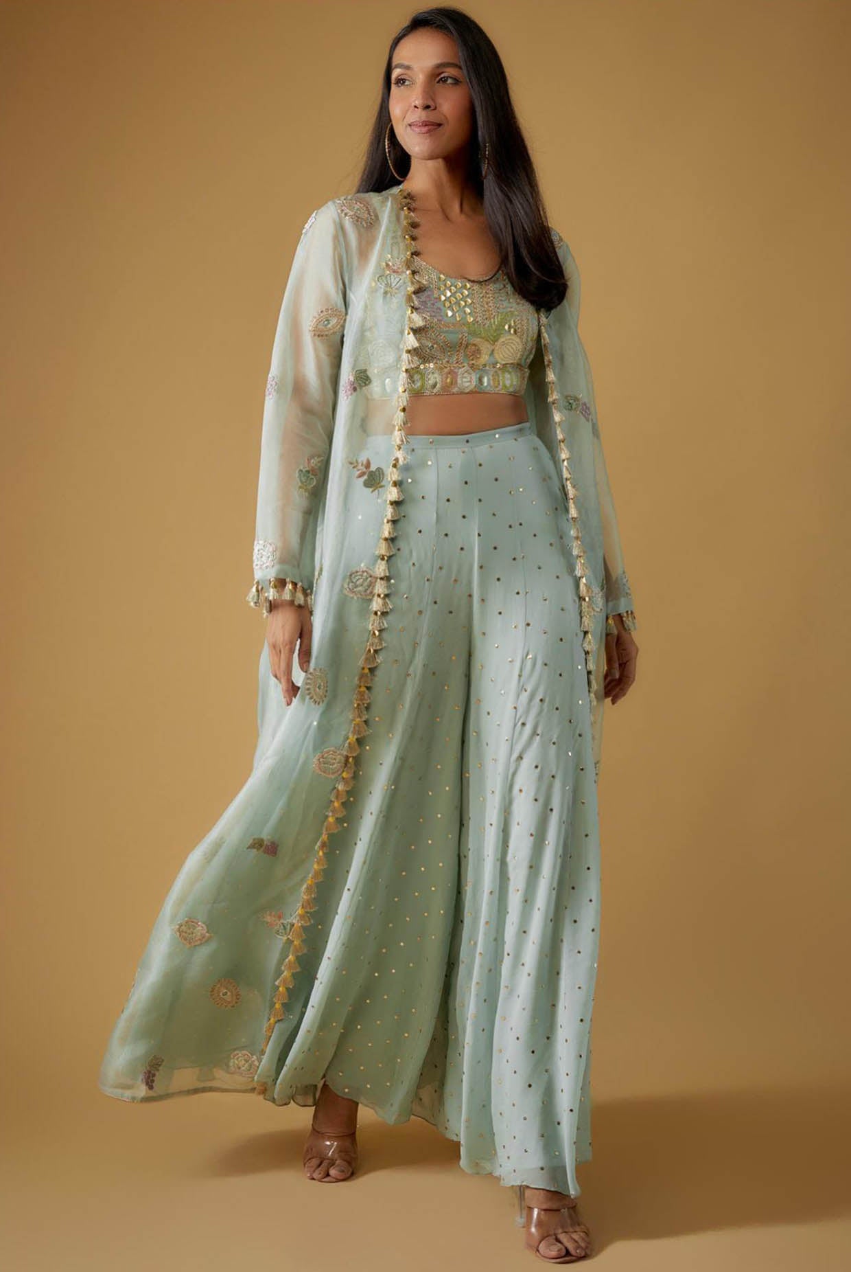 Powder Blue Embroidered Bustier With Embroidered Jacket And Sharara