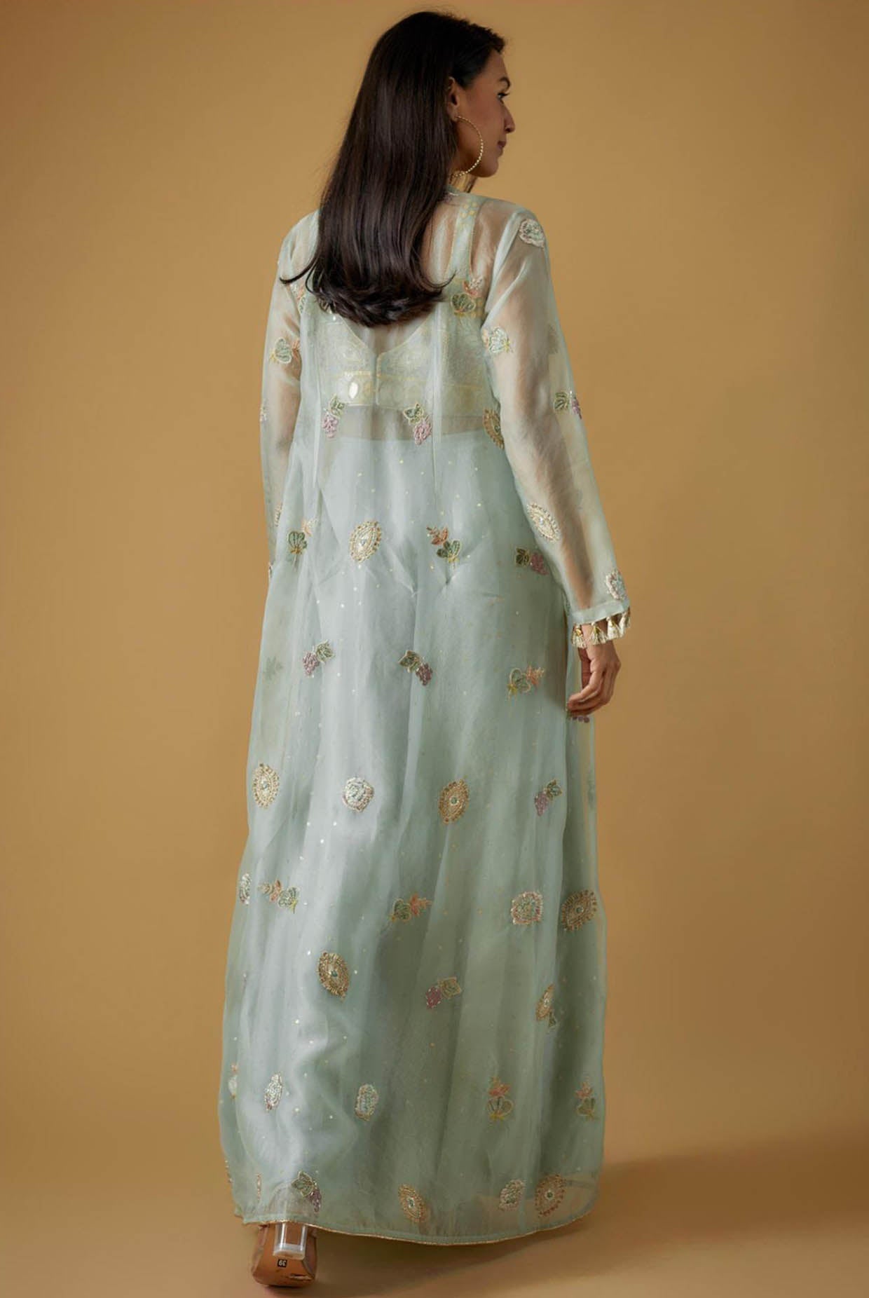 Powder Blue Embroidered Bustier With Embroidered Jacket And Sharara