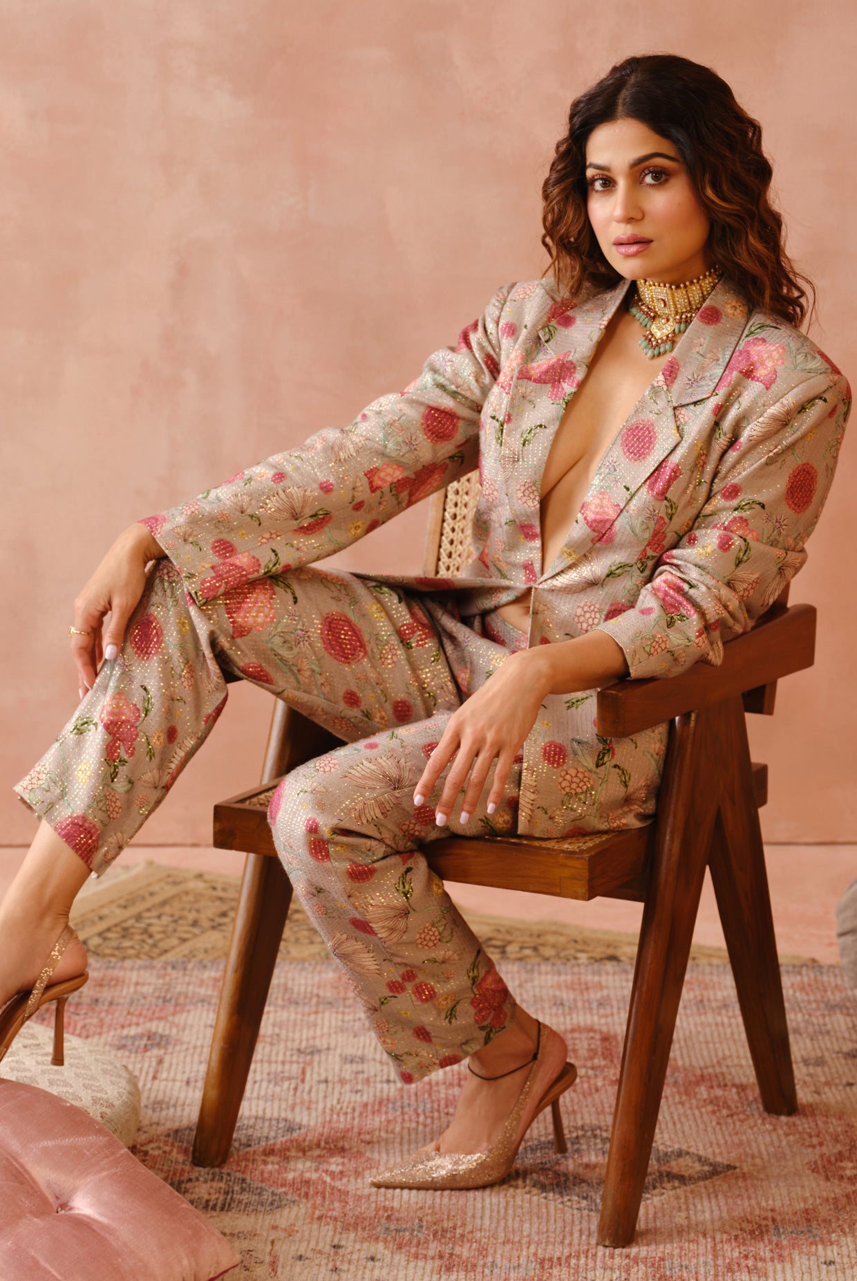 Grey Gulbagh Print Blazer With Bustier And Pant